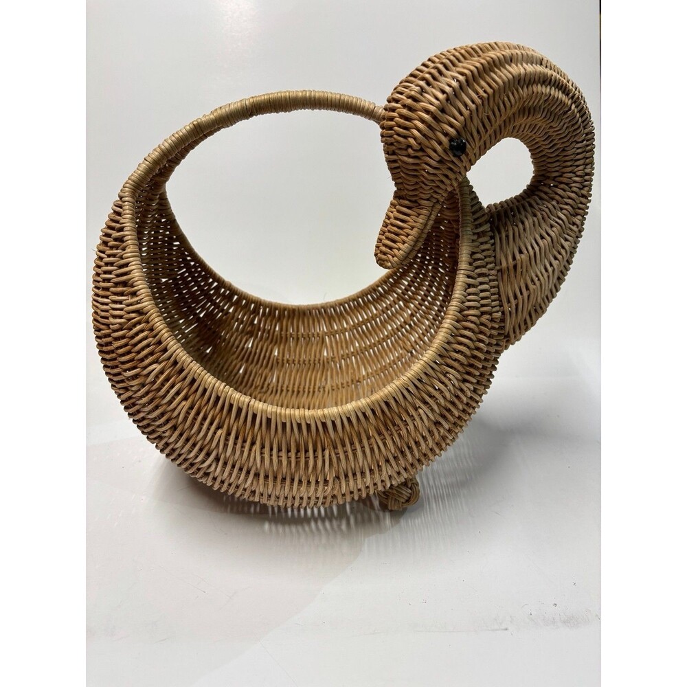 Vintage Wicker Rattan Swan Goose Basket Handwoven Bird Cottage Boho Decor